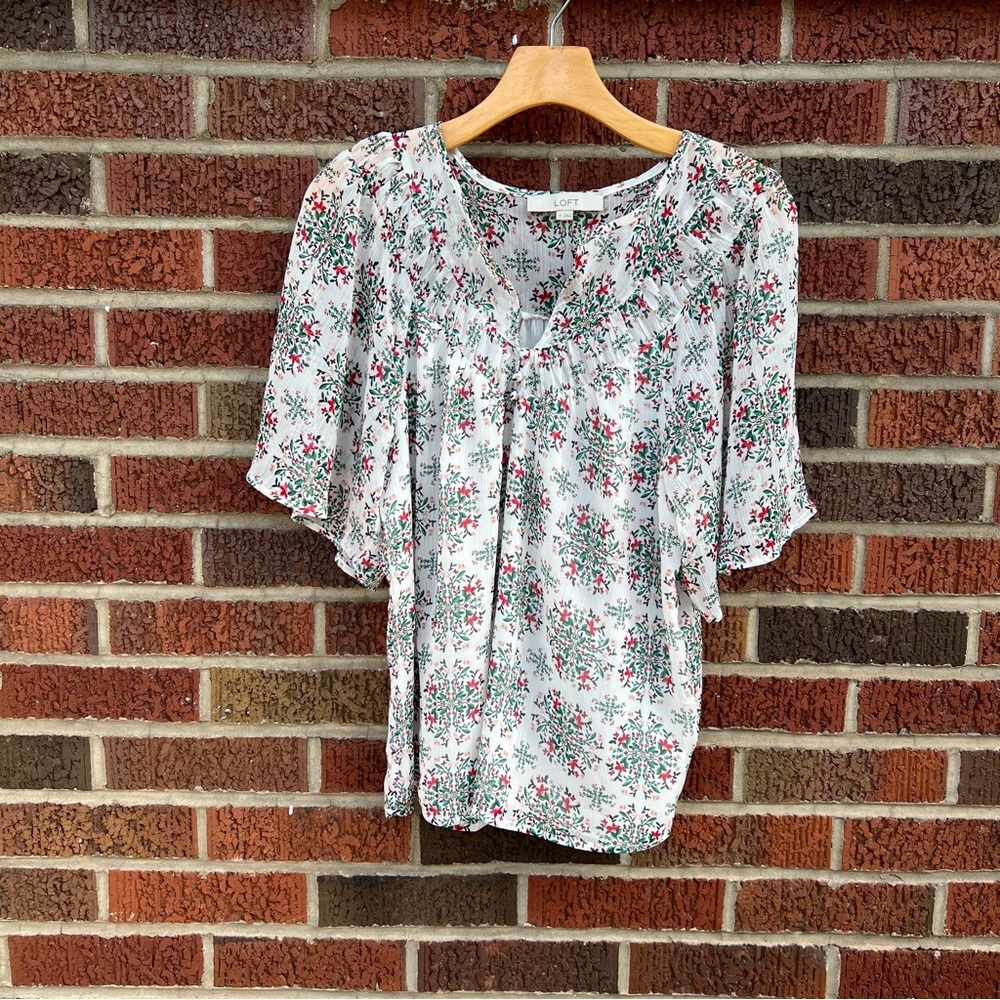 LOFT White and Green Floral Print Flounce Sleeve Peasant Blouse Top